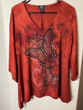 Shannon Ford Y2K Butterfly Rhinestone Graphic V Neck Boho Fairycore Top
